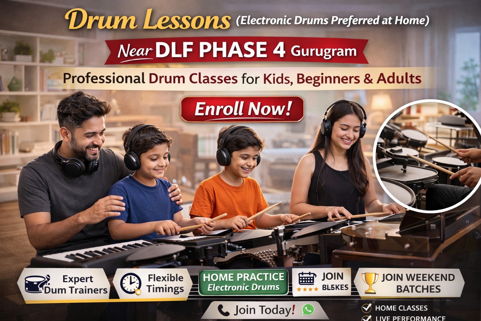 Drum Lessons (Electronic Drums Preferred at Home) Near DLF Phase 4 Gurugram